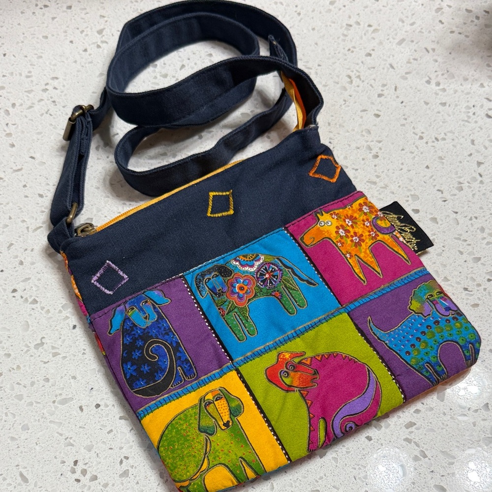 Laurel Burch Colorful Dog Print Crossbody Bag Canvas batik bright kitschy fun